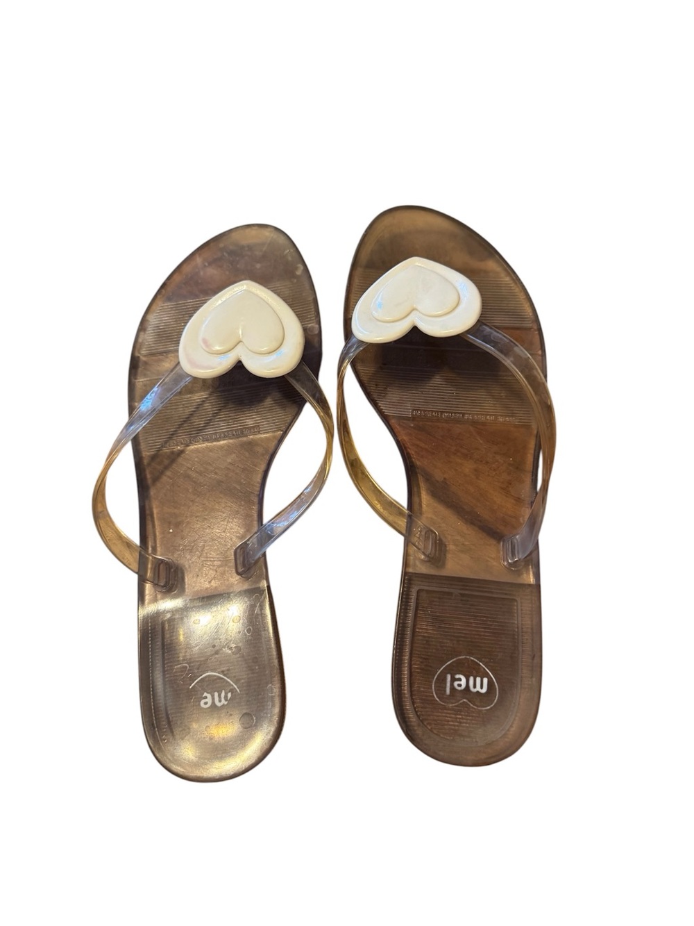 Mell Women’s Clear Jelly Flip Flop Sandals with Cream Heart Accent size 8
